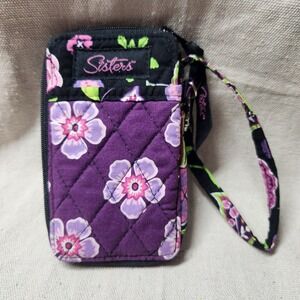 Longaberger Sisters Quilted Fabric Floral Purple Wallet ID Card Holder Wrist NEW